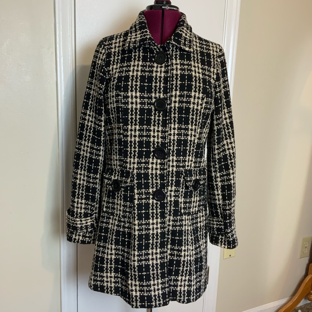 EUC Merona Wool Blend front buttons Pea Plaid Ivory/Black Coat